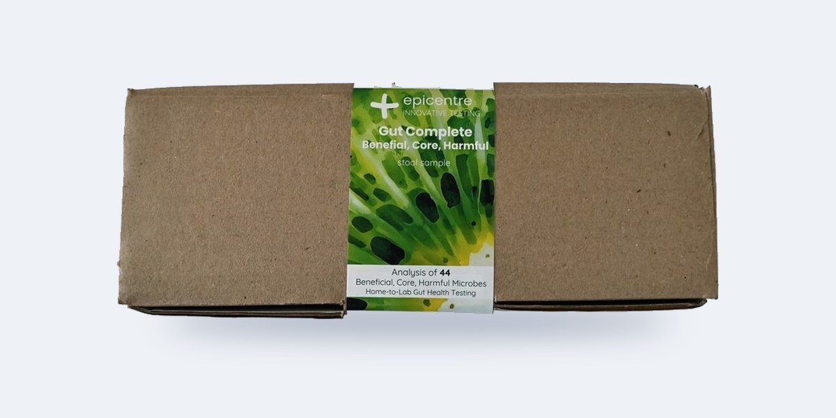 Epicentre Gut Complete home test kit box, green label, 44 beneficial, core and harmful microbes