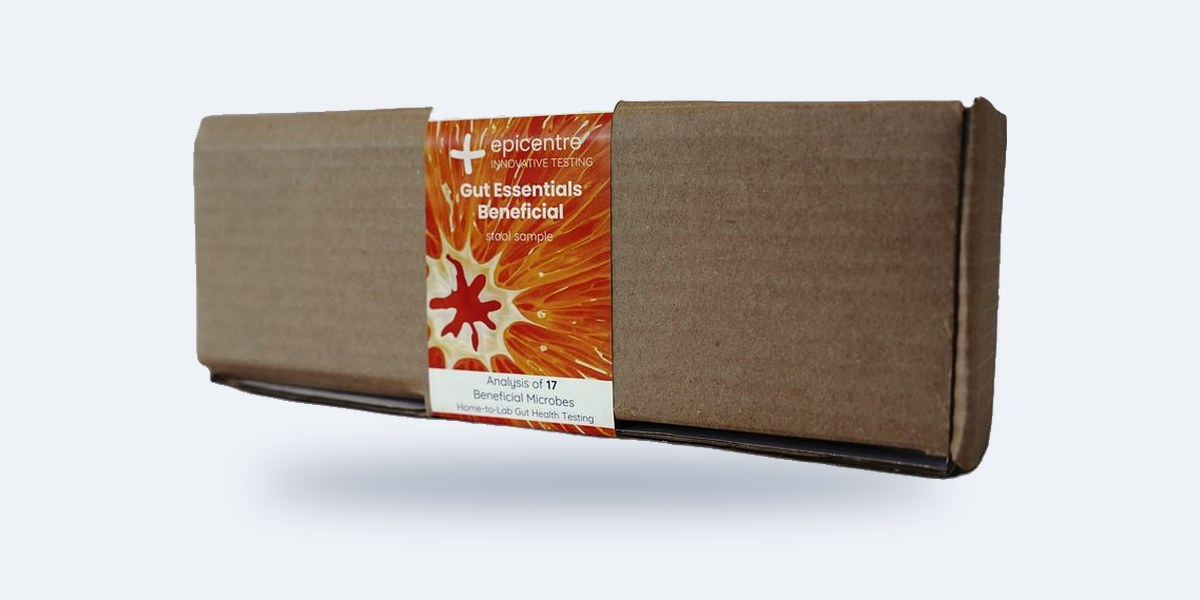 Epicentre Gut Essentials home test kit box, orange label, 17 beneficial microbes