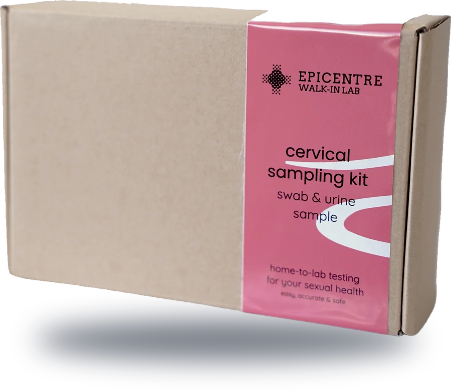 The Epicentre cervical sampling kit, a brown box with a pink label