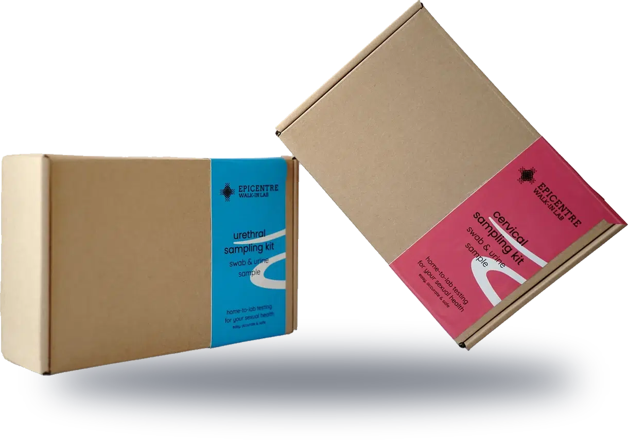 The blue Epicentre urethral sampling kit and the pink cervical sampling kit