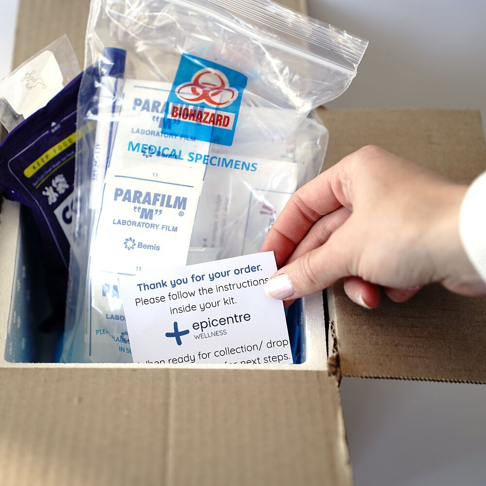 The sealed specimen bag and instruction card inside an Epicentre kit