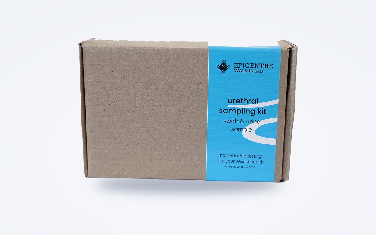 The Epicentre urethral sampling kit: a brown box with a blue label